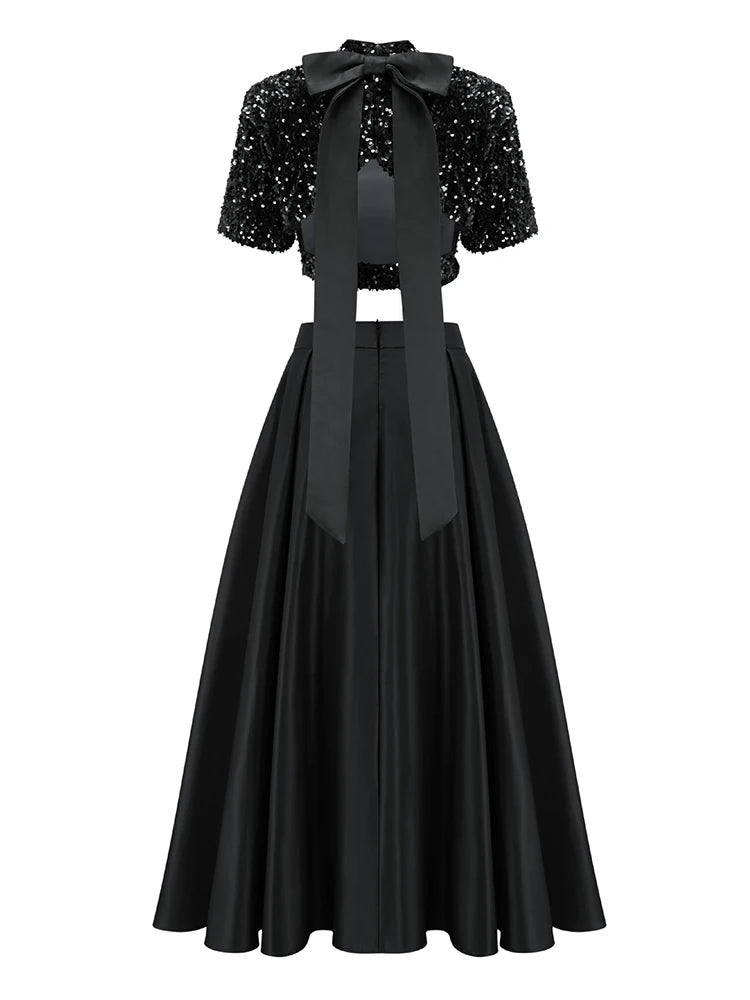 Two Piece Sets, Stand Collar Short Sleeve Spliced Sequins Tops High Waist Skirt Chic.