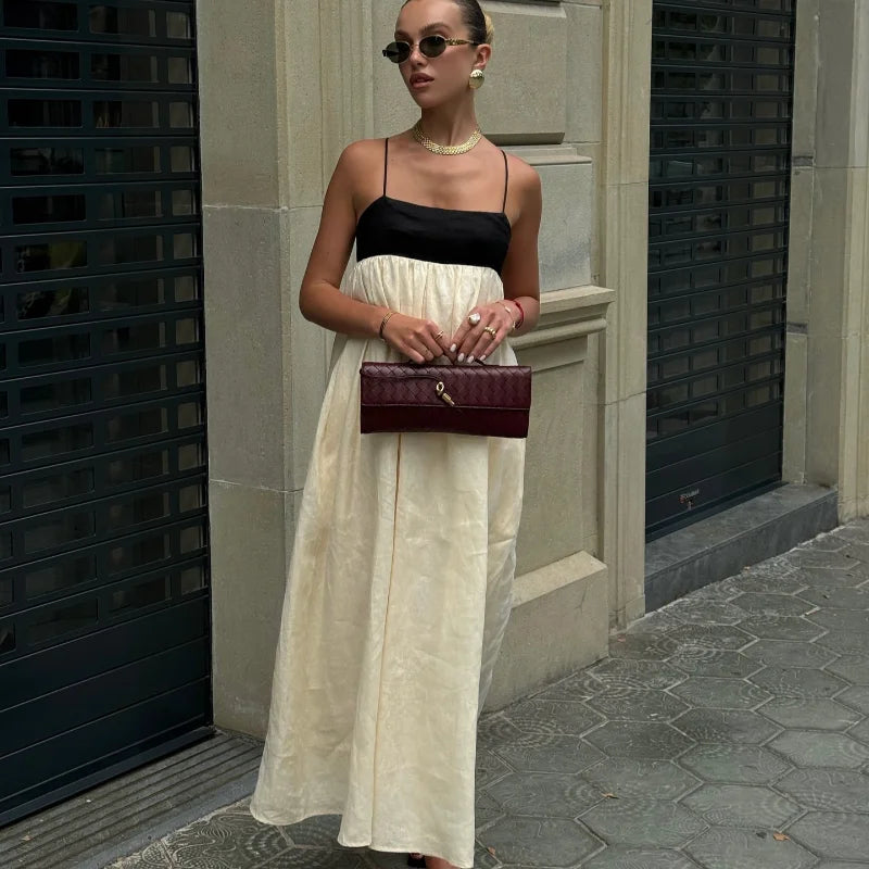 Contrasting Color  Out Sling Maxi Dress Women Backless Loose Dresses.