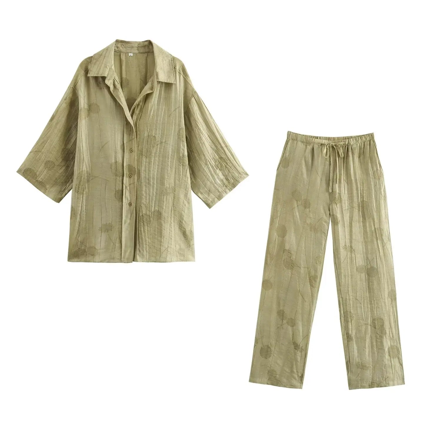 Two-piece dress pants and half-sleeved blouse.